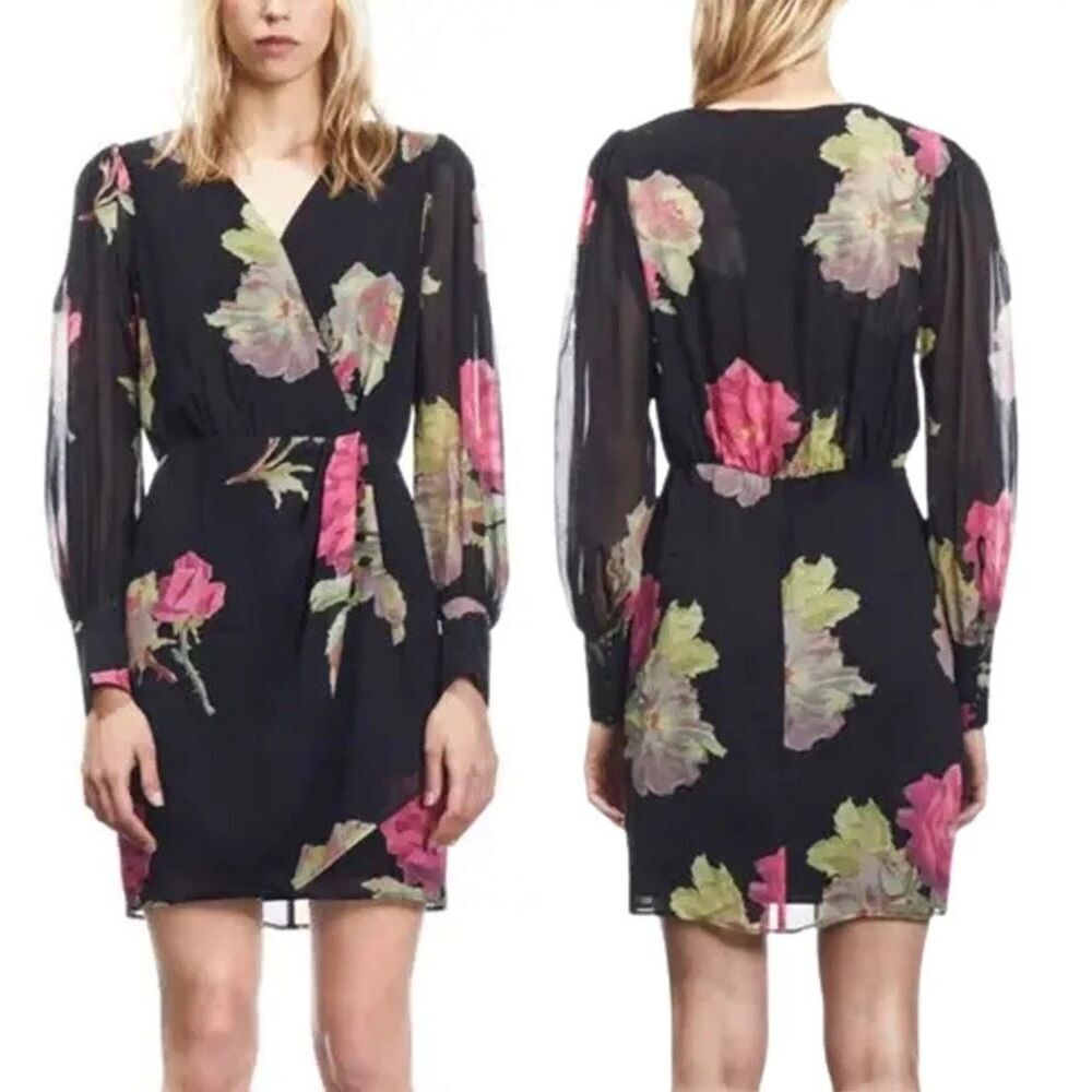 The Kooples Black Floral Faux Wrap Dress Pink Rose Print Long Sleeve Size 1 S